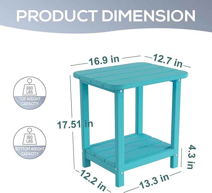 Sundale Outdoor 18" Small Side Table, Patio HDPE All Weather Small Adirondack End Table Water Resistant 2 Tier Rectangular Outside Table for Pool, Garden, Beach, Turquoise