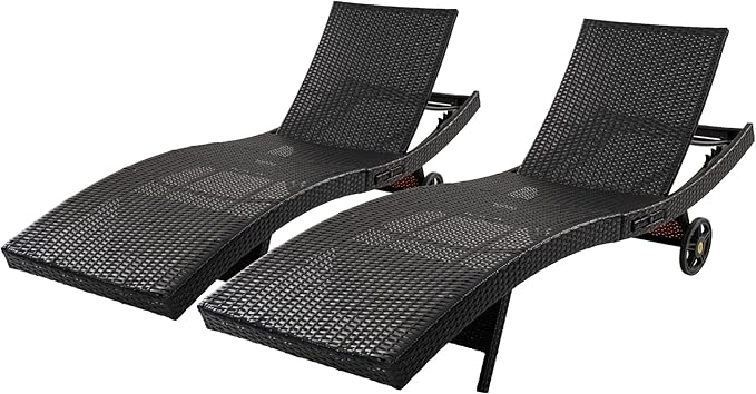 LUMISOL Patio Wicker Chaise Lounge Chairs Set of 2, 80'' Outdoor Rattan Reclining Lounge Chair with Rolling Wheels & Pull-Out Side Table, Adjustable Backrest, for Poolside Deck Pool, Black+Brown