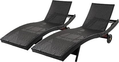 LUMISOL Patio Wicker Chaise Lounge Chairs Set of 2, 80'' Outdoor Rattan Reclining Lounge Chair with Rolling Wheels & Pull-Out Side Table, Adjustable Backrest, for Poolside Deck Pool, Black+Brown