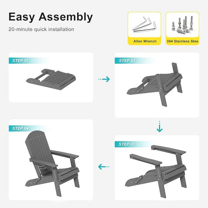 HDPE Foldable Adirondack Outdoor Chair Set of 4 with Cup Holder, Weather Resistant Heavy-Duty Patio Chair for Patio, Backyard, Deck, Fire Pit, Lawn and Porch, Grey
