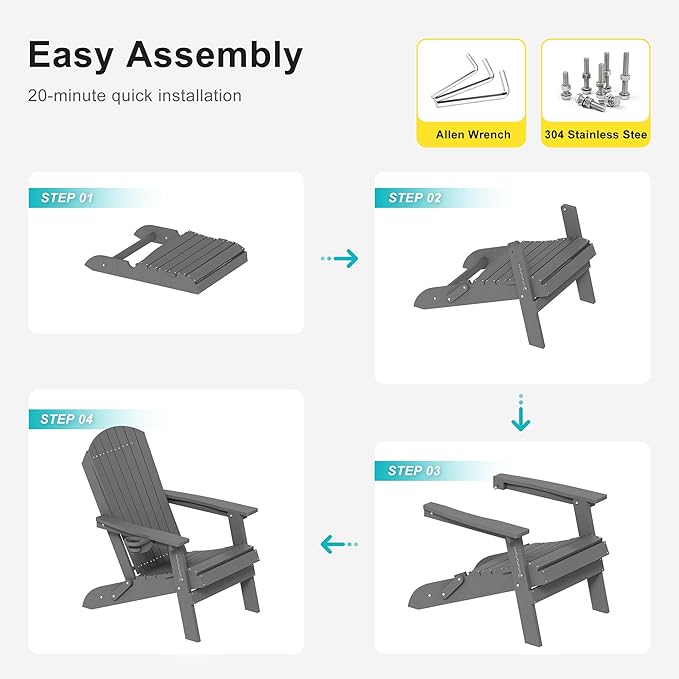 HDPE Foldable Adirondack Outdoor Chair with Cup Holder, Weather Resistant Heavy-Duty Patio Chair for Patio, Backyard, Deck, Fire Pit, Lawn and Porch, Grey