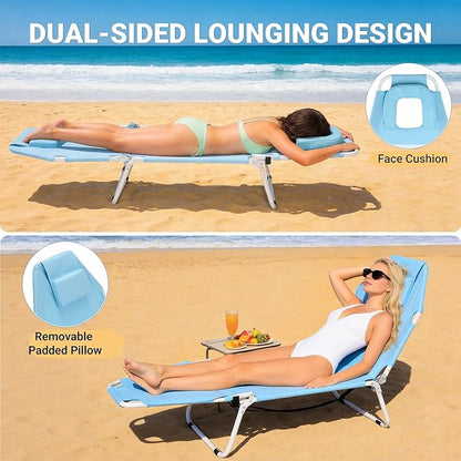 DoCred Heavy Duty Tanning Chair with Face Hole, Adjustable 5-Position Folding Chaise Lounge Chairs for Outside, Portable Lay Flat Beach Lounge Chair for Outdoor Sunbathing Beach Pool Lawn Camping
