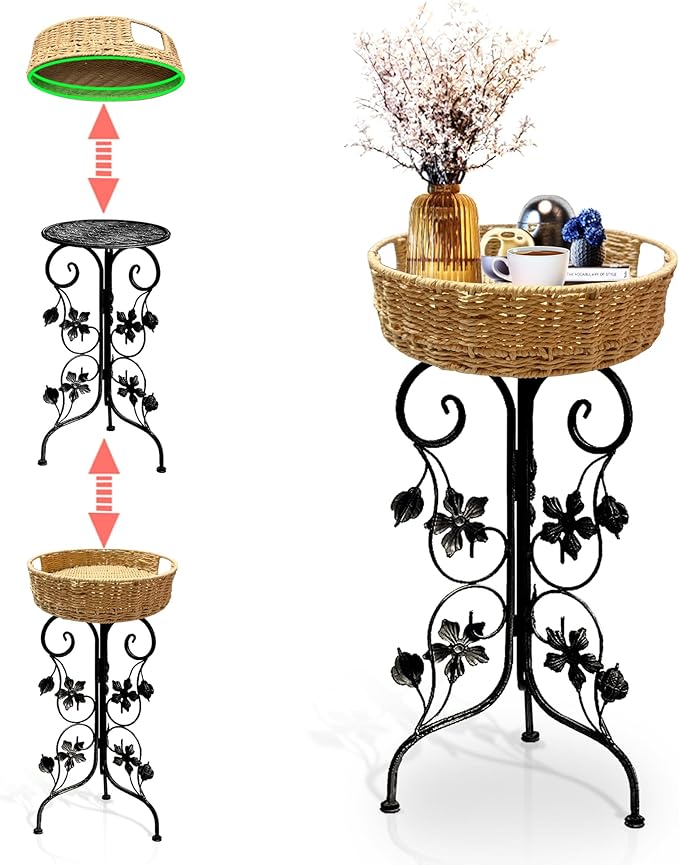 Outdoor Metal Patio Folding Side Table with Removable Wicker Tray, Boho Woven Rattan Plant Stand, Small Round Coffee end Table (Seagrass, Black)