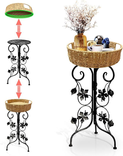 Outdoor Metal Patio Folding Side Table with Removable Wicker Tray, Boho Woven Rattan Plant Stand, Small Round Coffee end Table (Seagrass, Black)