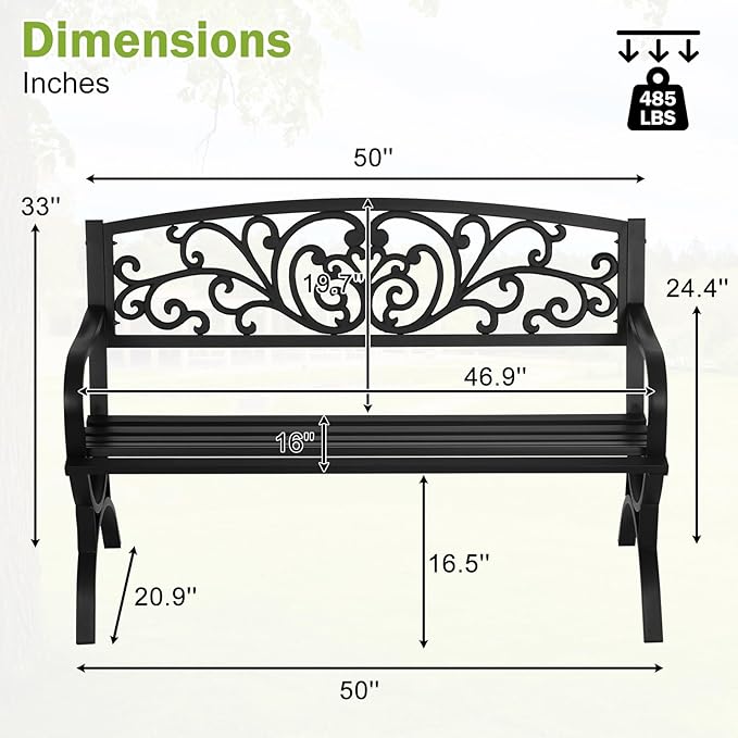BSTOPHKL 50 Inches Outdoor Garden Bench,Metal Outdoor Furniture Patio Park Bench with Armrests Slatted Seat and Floral Design Backrest for Courtyard Porch Lawn Garden,Black