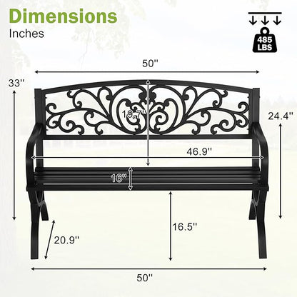 BSTOPHKL 50 Inches Outdoor Garden Bench,Metal Outdoor Furniture Patio Park Bench with Armrests Slatted Seat and Floral Design Backrest for Courtyard Porch Lawn Garden,Black