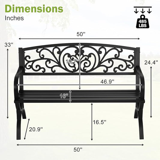 BSTOPHKL 50 Inches Outdoor Garden Bench,Metal Outdoor Furniture Patio Park Bench with Armrests Slatted Seat and Floral Design Backrest for Courtyard Porch Lawn Garden,Black