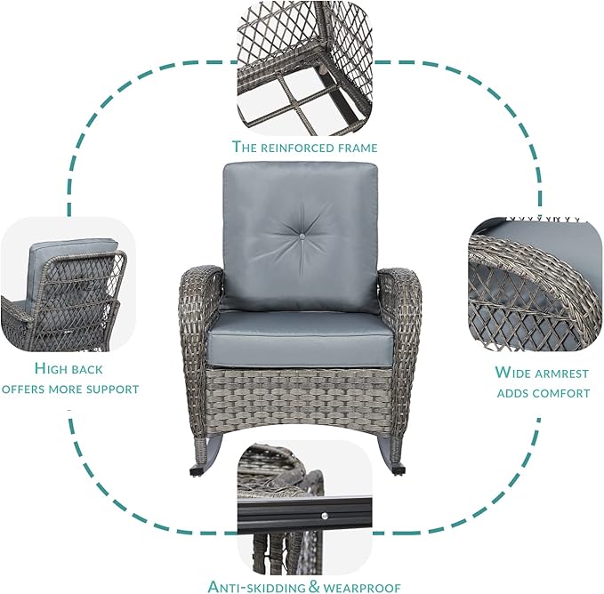 MEETWARM 3 Pieces Outdoor Wicker Rocking Chair Set - Photo 2
