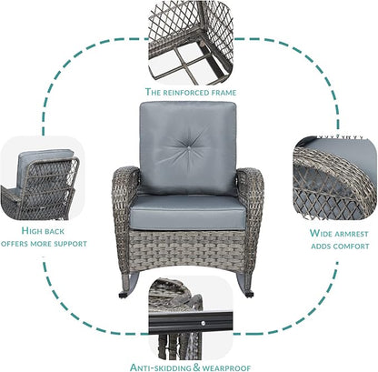 MEETWARM 3 Pieces Outdoor Wicker Rocking Chair Set, Rattan Patio Rocker Chairs Set with Cushions and Glass-Top Coffee Table, Conversation Bistro Set for Porch & Backyard - Gray