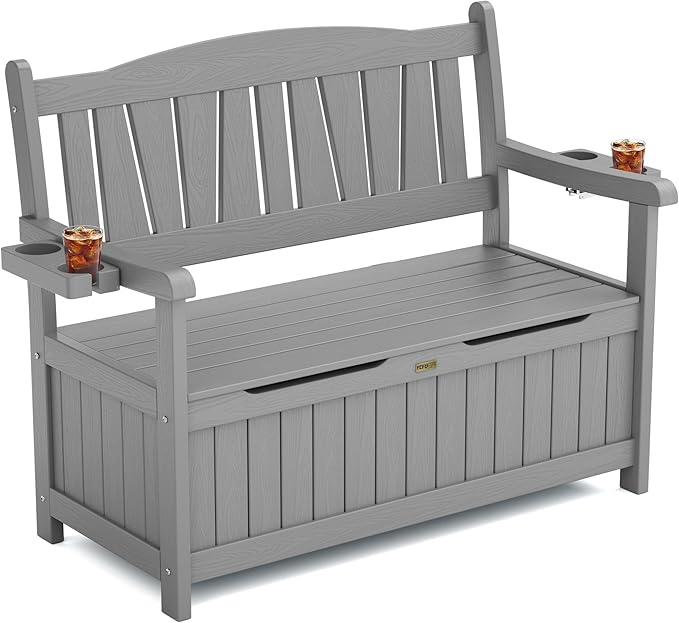 YEFU Outdoor Storage Bench for Patio: Heavy Duty Garden Bench with 96° High Backrest & Oversized Seating - Weatherproof HIPS Patio Benches with Storage for Porch Backyard Park Room, Grey
