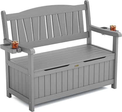YEFU Outdoor Storage Bench for Patio: Heavy Duty Garden Bench with 96° High Backrest & Oversized Seating - Weatherproof HIPS Patio Benches with Storage for Porch Backyard Park Room, Grey