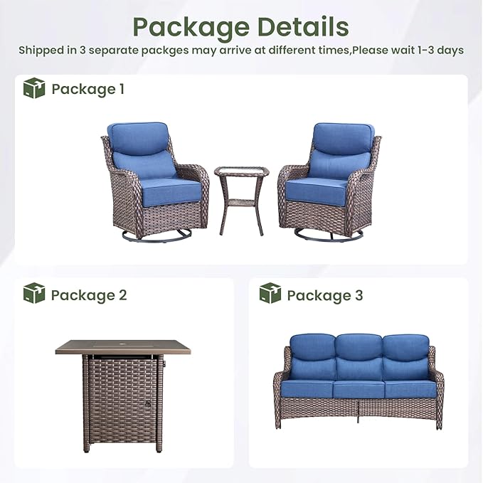 Luxury Patio Furniture Set with 6-inch Thick Cushion, Outdoor Furniture with Fire Pit Table, Swivel Chairs, Side Table, Sofa, 5pcs Wicker Conversation Set for Deck Yard and Poolside(Blue)