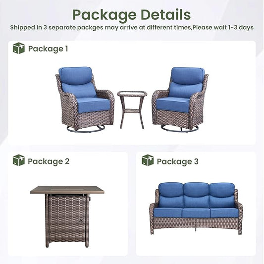 Luxury Patio Furniture Set with 6-inch Thick Cushion, Outdoor Furniture with Fire Pit Table, Swivel Chairs, Side Table, Sofa, 5pcs Wicker Conversation Set for Deck Yard and Poolside(Blue)
