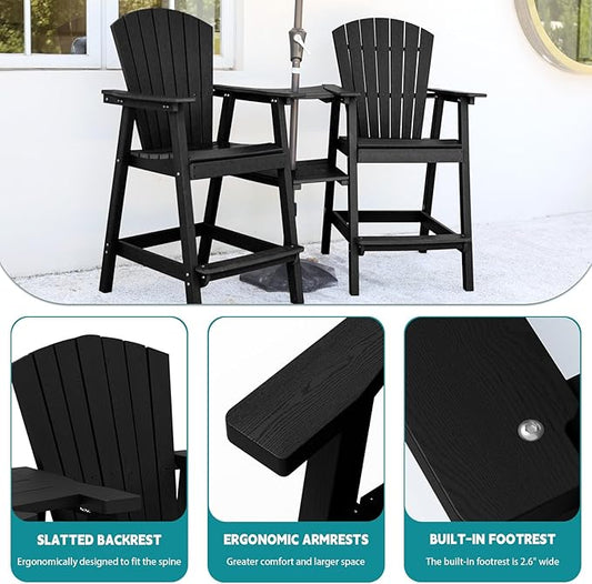 PLUUV Tall Adirondack Chairs Set of 2 High Back Adirondack barstools with Removable Connecting Tray, HDPE Height Adirondack Barstools, High Patio Chairs for Balcony, Lawn, Deck, Backyard - Black