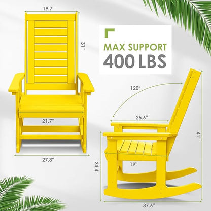 GREENVINES Outdoor Rocking Chairs | Set of 2 | Porch Rocker | HDPE Plastic | Yellow | Oversized Rockers | High Back | Big & Tall | Ladder Back | for Patio Outside Backyard Balcony Garden