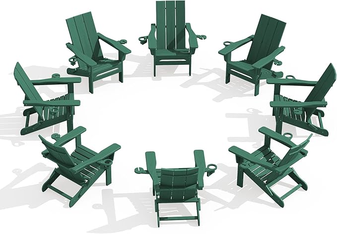 SERWALL Folding Adirondack Chair with Cup Holders Set of 8, Modern Adirondack Chairs with Mobile Phone Holder, HDPE All-Weather Fire Pit Chairs for Outdoor, Patio, Garden, Green