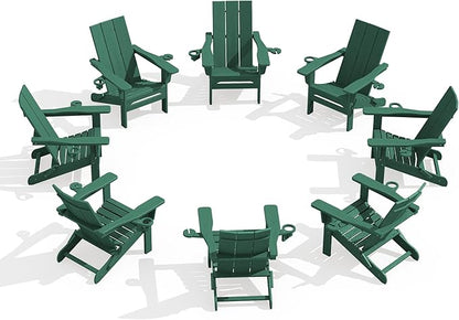 SERWALL Folding Adirondack Chair with Cup Holders Set of 8, Modern Adirondack Chairs with Mobile Phone Holder, HDPE All-Weather Fire Pit Chairs for Outdoor, Patio, Garden, Green