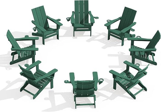 SERWALL Folding Adirondack Chair with Cup Holders Set of 8, Modern Adirondack Chairs with Mobile Phone Holder, HDPE All-Weather Fire Pit Chairs for Outdoor, Patio, Garden, Green