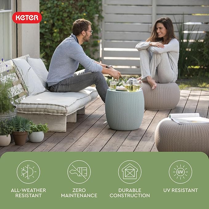 Keter Urban Knit Pouf Ottoman Set of 2 with Storage Table for Patio and Room Décor - Perfect for Balcony, Deck - Photo 10