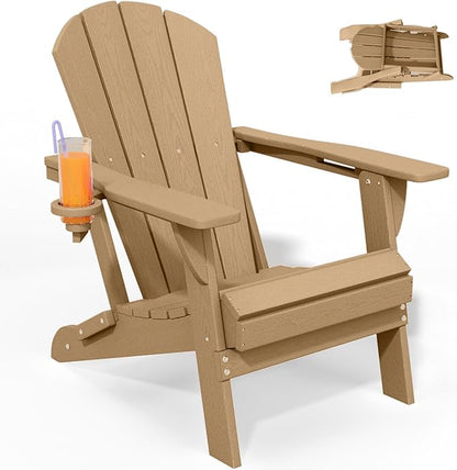 Foldable Adirondack Chair with Cup Holder-Heavy Duty Recycled HDPE Outdoor Patio Furniture, Weather Resistant Deck Lawn Fire Pit Chair (Brown, 1 Chair)