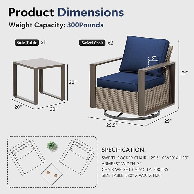 3 Piece Patio Chair Set, Outdoor Swivel Rocker Patio Chairs and Side Table, Metal Patio Furniture with Deep Seating - Photo 2