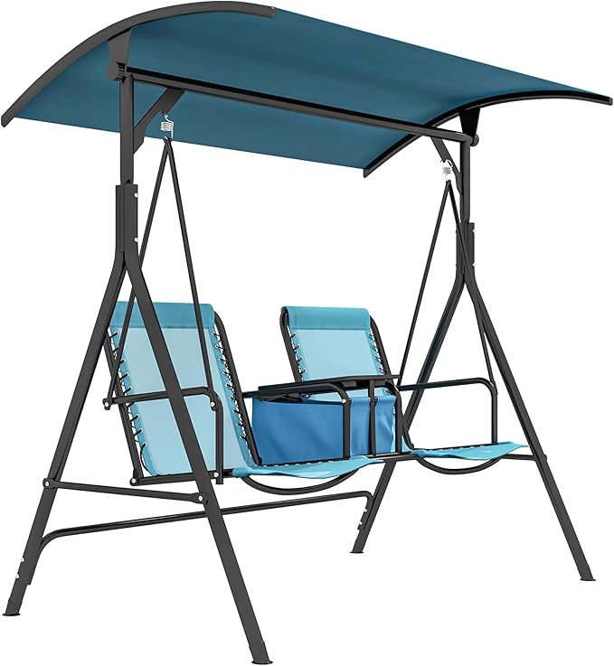 Outsunny 2-Seat Patio Swing Chair, Outdoor Canopy Swing Glider with Pivot Storage Table, Cup Holder, Adjustable Shade - Photo 1