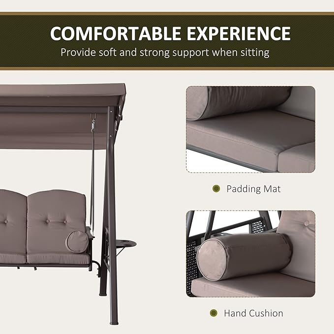 Outsunny 3-Seat Patio Swing Chair, Outdoor Porch Swing Glider with Adjustable Canopy, Removable Cushion - Photo 5