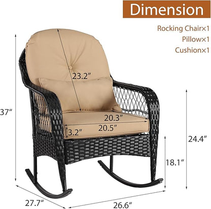Outdoor Wicker Rocking Chair, All Weather PE Rattan Rocker with Cushion & Pillow, Outdoor Rocking Furniture for Garden, Porch, Backyard, Poolside (Black Rattan+Khaki Cushion)