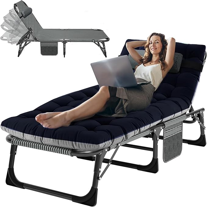 ABORON 3-in-1 Folding Patio Lounge Chair, 440LB Heavy-Duty Tri-Fold Guest Bed with Plush Cotton Cushion, No Assembly Adjustable Recliner for Office Nap, Patio Sunbathing, Poolside & Camping