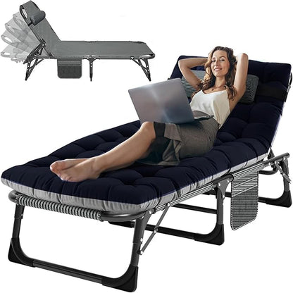 ABORON 3-in-1 Folding Patio Lounge Chair, 440LB Heavy-Duty Tri-Fold Guest Bed with Plush Cotton Cushion, No Assembly Adjustable Recliner for Office Nap, Patio Sunbathing, Poolside & Camping