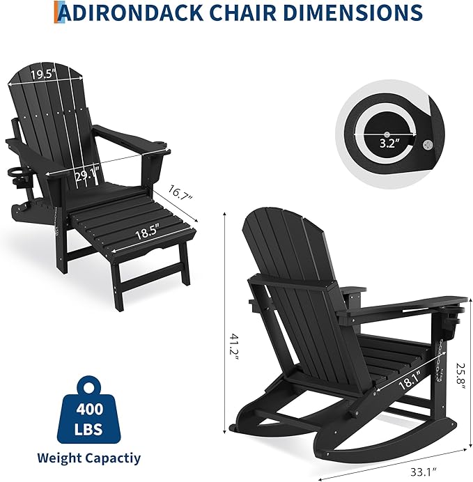 PeakPursuit Adirondack Outdoor Rocking Chairs with Two Cup Holders, HDPE All Weather Outdoor Adirondacks Rocking Chair with Retractable Ottoman