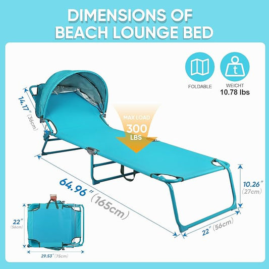 Colorsoul 2 Pack Tanning Chair with Sun Canopy,Adjustable 4-Position Beach Lounge Chair for Adults,Heavy Duty Folding Outdoor Lounge Chair,for Patio Poolside Sunbathing,UPF 50+,300 LBS,Blue