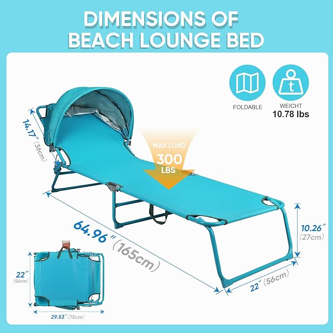 Colorsoul Tanning Chair with Sun Canopy,Adjustable 4-Position Beach Lounge Chair for Adults,Heavy Duty Folding Outdoor Lounge Chair,for Patio Poolside Sunbathing,UPF 50+,300 LBS,Blue