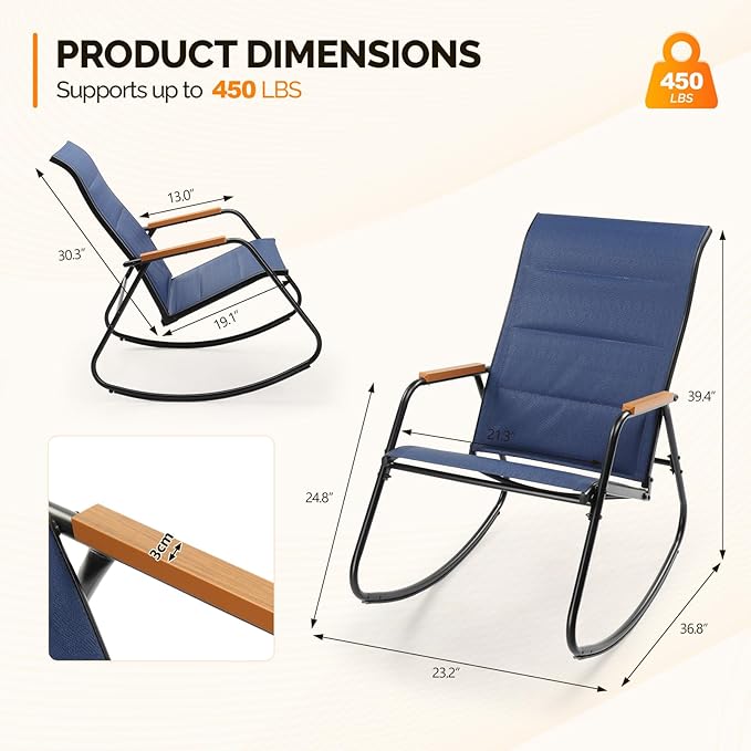 VINGLI Outdoor Rocking Chair, 450lbs Capacity Portable Outdoor Rocker with Footrest, Hard Armrests, Pillow, All Weather Porch Rocker for Garden, Living Room, Patio, Lawn (Blue, Without footrest)