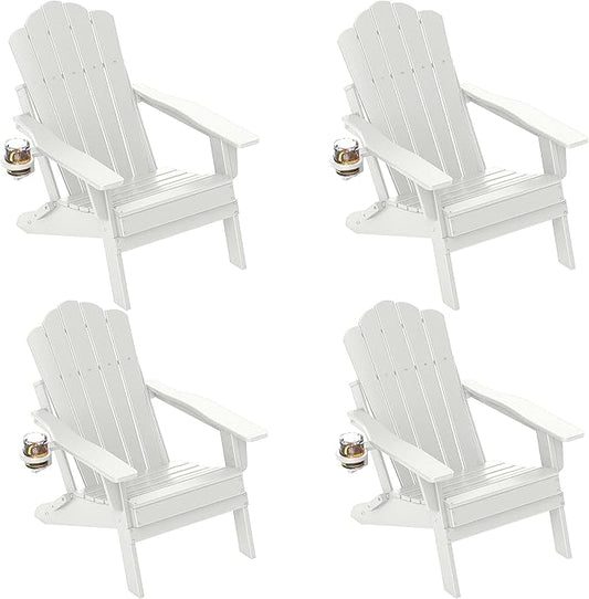 FOOWIN HDPE Adjustable Adirondack Chair Set of 4, 400lbs Heavy Duty Folding Patio Chairs with Cup Holder, 3-Position Reclining Fire Pit Seating, All-Weather Poly Lumber for Backyard, Deck - White
