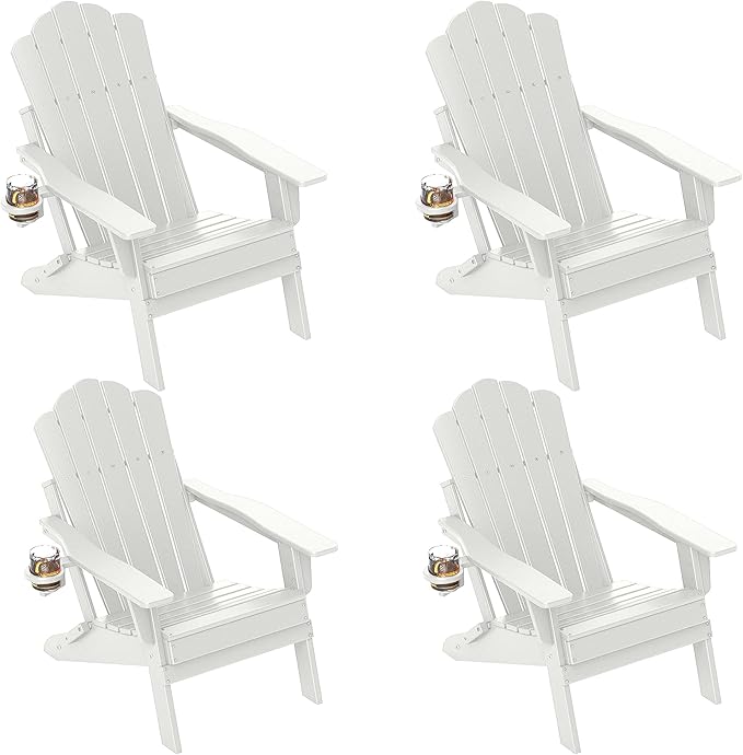 FOOWIN Adirondack Chair Set of 4, Folding HDPE Patio Chairs with Cup Holder, 400LBS Heavy Duty Fire Pit Chairs for Garden, Deck, Backyard, Weather Resistant, Easy Assembly,White