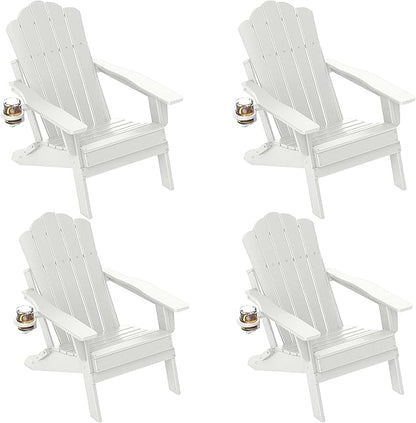 FOOWIN Adirondack Chair Set of 4, Folding HDPE Patio Chairs with Cup Holder, 400LBS Heavy Duty Fire Pit Chairs for Garden, Deck, Backyard, Weather Resistant, Easy Assembly,White