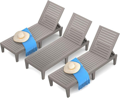 Chaise Lounge Chair Outdoor Set of 3 for Patio, Weather-Resistant Tanning Chair Recliner with Adjustable Backrest, Sun Lounger for Outside Deck, Pool, Poolside, Porch, Beach, Light Brown