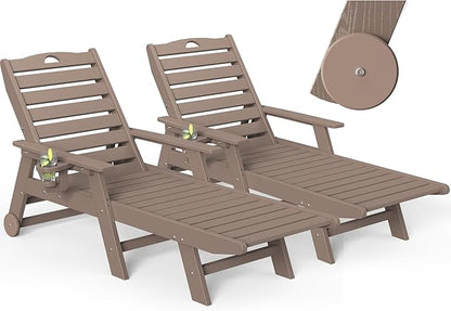 nalone Outdoor Chaise Lounge Chair Set of 2 with Wheels & Cup Holder, HDPE Pool Lounge Chairs with 5-Position Adjustable Backrest Supports Up to 400 LBS for Patio Poolside Deck Beach (Grey Brown)