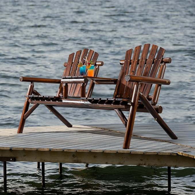 VINGLI Outdoor Adirondack Bench with Built-in Table, Wood Garden Bench for Porch, Yard, Garden, Patio, Deck, Firepit, Pool