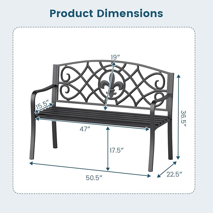 Tangkula Metal Outdoor Garden Park Bench, 50.5 Inch Metal Slatted Loveseat for 2-3 with Cast Iron Floral Backrest, Heavy-Duty Patio Seating Furniture for Backyard, Porch, Balcony