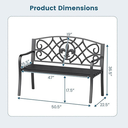 Tangkula Metal Outdoor Garden Park Bench, 50.5 Inch Metal Slatted Loveseat for 2-3 with Cast Iron Floral Backrest, Heavy-Duty Patio Seating Furniture for Backyard, Porch, Balcony