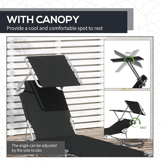 Outsunny Outdoor Lounge Chair, Adjustable Folding Chaise Lounge, Tanning Chair with Sun Shade for Beach, Camping, Hiking - Photo 6