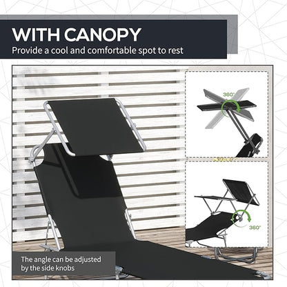 Outsunny Outdoor Lounge Chair, Adjustable Folding Chaise Lounge, Tanning Chair with Sun Shade for Beach, Camping, Hiking, Backyard, Black