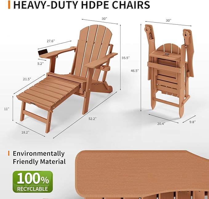 VINGLI Back-Adjustable Plastic Folding Adirondack Chairs with Retractable Footrest & 2-in-1 Cup Holders - Photo 3