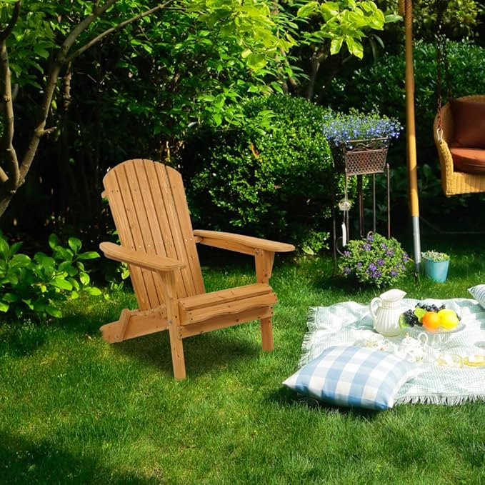 Folding Adirondack Chairs Wood Lawn Chair Wooden Lounger 350 LBs Support Seating Natural Finished Weather Resistant Indoor Outdoor Furniture