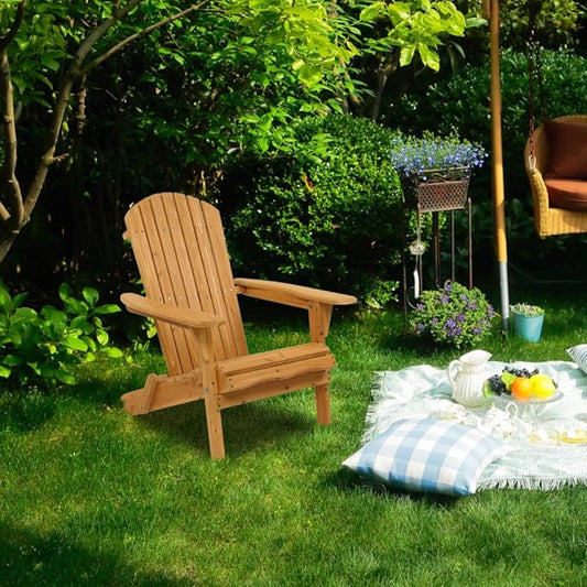 Folding Adirondack Chairs Wood Lawn Chair Wooden Lounger 350 LBs Support Seating Natural Finished Weather Resistant Indoor Outdoor Furniture