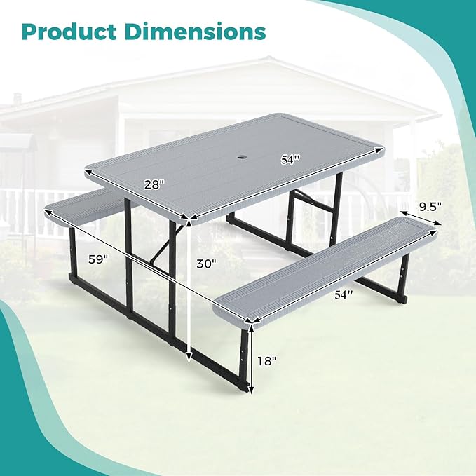 Giantex Picnic Table Bench Set for 4 People, 4.5FT Outdoor Rectangular Dining Table & 2 Benches w/Umbrella Hole - Photo 4