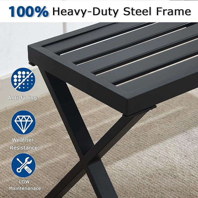 Metal Garden Bench for Outdoors, Black Outdoor Benches Slats for Patio, Patio Backless Bench with Cross Leg,Dining Bench for Porch, Lawn, Balcony, Backyard and Park