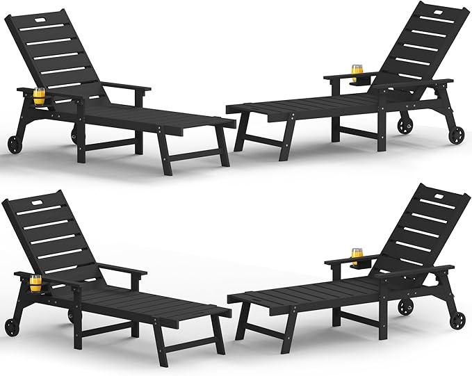 YEFU Lounge Chair Outdoor Set of 4: Outdoor Chaise Lounge with 5-Level Adjustable Backrest, Cup Holders & Wheels, All-Weather Resistance Chaise Lounge for Outside/Patio/Beach/Deck, Black